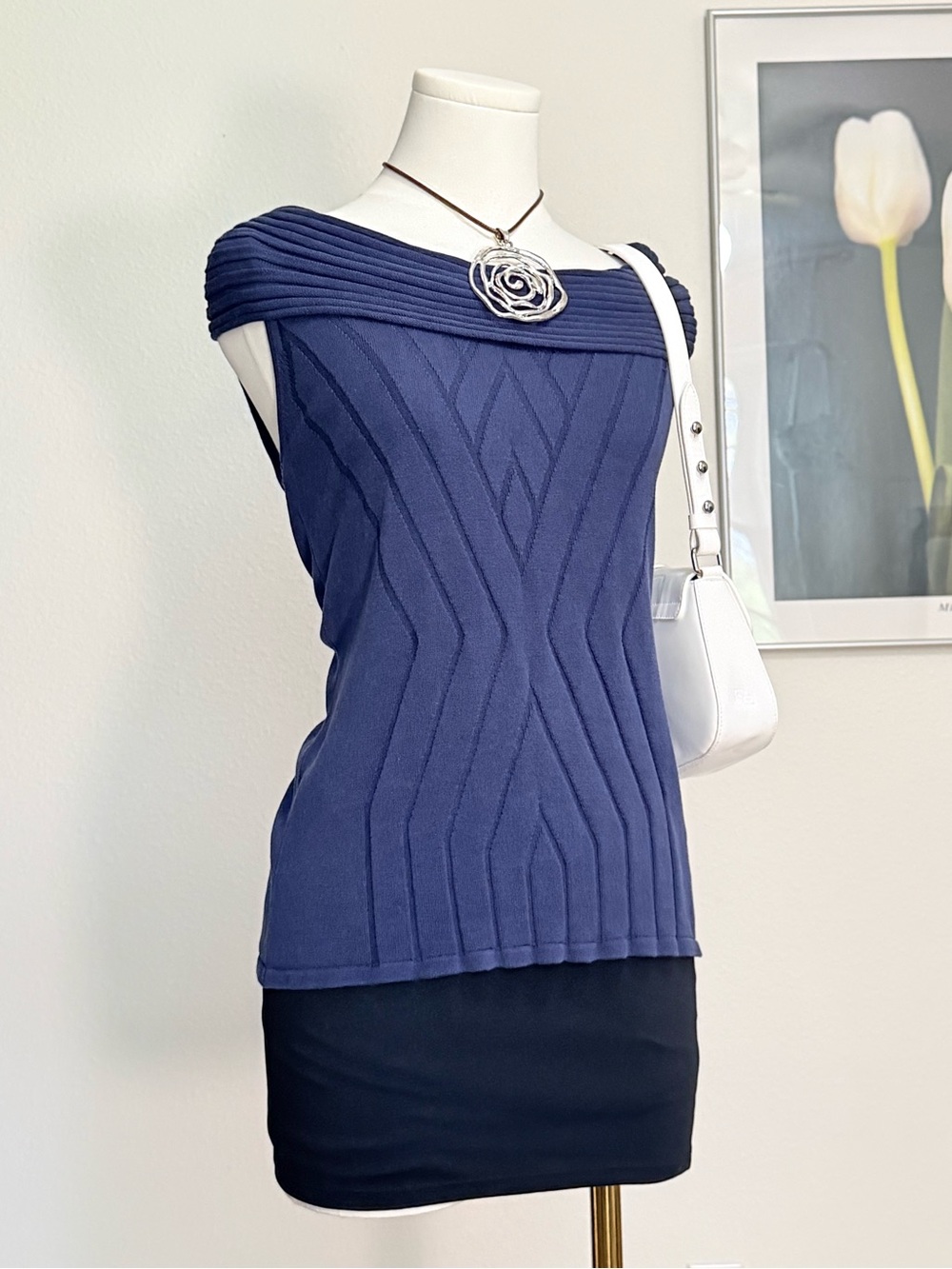 Antonio Melani Silk & Cotton Knit Cowl Foldover Neckline Top Y2K Feminine Twee